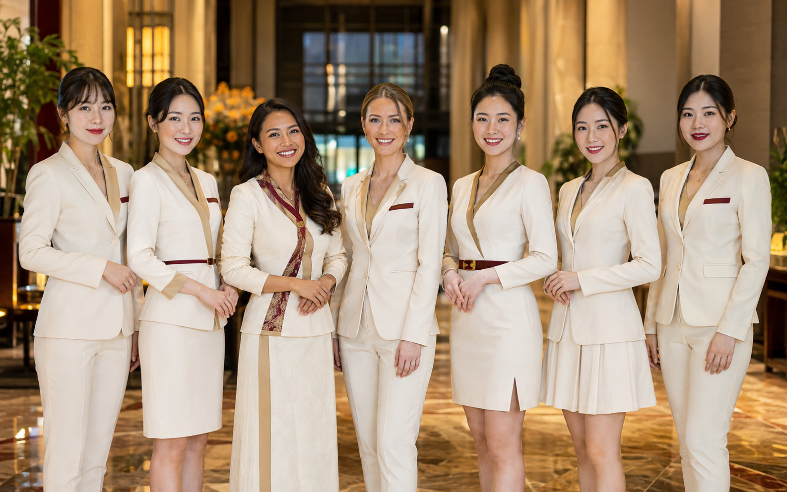 Seven visually distinct adult Vallee de la chance luxury hosts in coordinated ivory uniforms